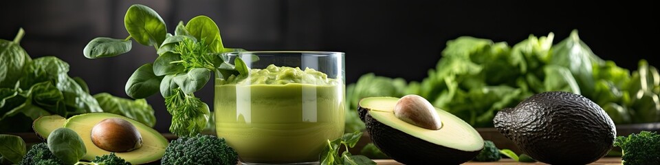Transparent mugs with green mousse surrounded by ripe green fruits on a dark background. Generated by AI.