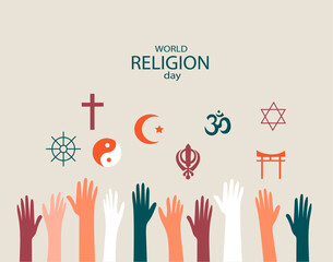 World Religion Day hand drawn flat doodle vector  banners. Background design with education accessories element. Illustration for poster , wallpaper, website