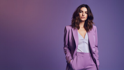 A young brunette woman in violet clothing stands against a solid violet background. Studio....