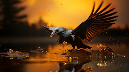 A black crow is just landing on the surface of the water. AI generated. - obrazy, fototapety, plakaty