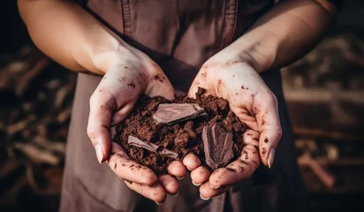 Fotobehang Farmer woman hands holding pieces of chocolate. AI generated  © Alicina
