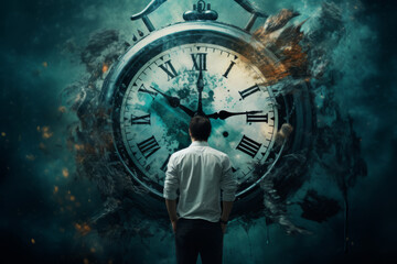 Concept of time passing away, the clock breaks down into pieces. Time is running out, hurry, buy now, closing, soon