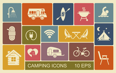 A set of flat icons on the theme of camping and outdoor recreation