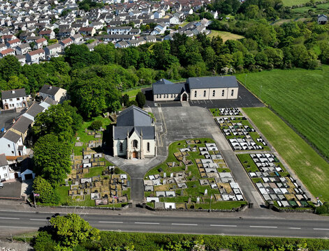Aerial photo of Dunluce Presbyterian Church on the North Coast Co Antrim Northern Ireland