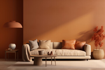 Cozy sofa with pillows and blanket in a modern home. Autumn decor from dry leaves.