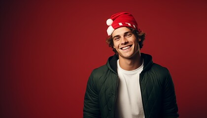 Fototapeta premium Photo of a man wearing a Santa hat in front of a vibrant red wall created with Generative AI technology