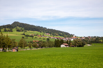 Fototapeta na wymiar beautiful landscape in Bavaria, Allgau, Germany with meadows and small villages
