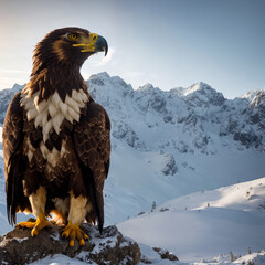 Fototapeta premium The eagle looks to the side against the backdrop of snow-capped mountains. Generative AI