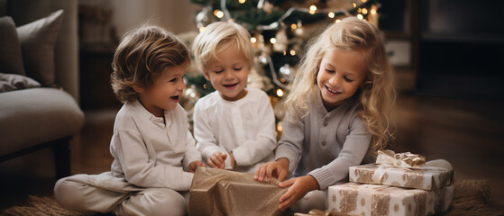 three french children opening christmas presents - obrazy, fototapety, plakaty
