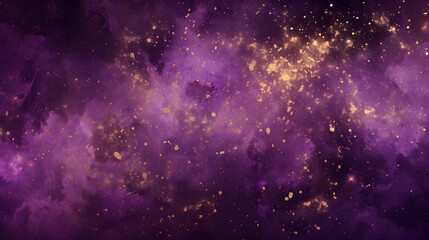 Purple liquid with tints of golden glitters, Purple background with a scattering of gold sparkles, Magic Galaxy of golden dust particles in red fluid with burgundy tints