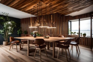Capture the essence of tranquility as you envision a minimalist Scandinavian dining room with brown leather chairs, a wooden table, and abstract wood paneling adorning the ceiling and walls.
