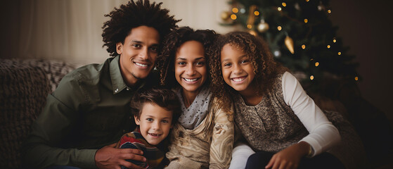 portrait of a mixed family in their living room at christmas time 