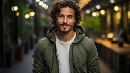 Fototapeta premium Mexican man in dark swamp sweatshirt, with brown curly hair, street photo shoot, successful man. Generative AI.