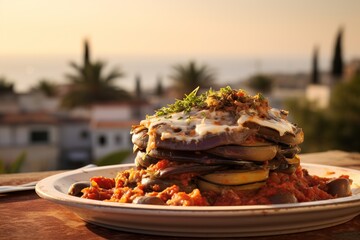 A clay dish, caressed by layers of alluring moussaka, with creamy béchamel sauce and spiced meat vividly in focus, settles gracefully on a rustic Grecian table - obrazy, fototapety, plakaty