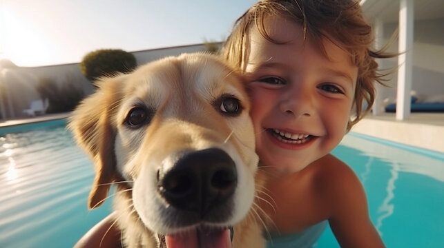 Cute guy in the pool with a labrador. Generative AI.