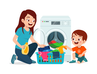 little kid helping mother to wash clothes