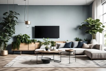 an upscale living room featuring a Scandinavian-inspired sofa in muted tones and a wall-mounted TV unit with a living plant wall backdrop. Explore the harmony of nature and contemporary design۔