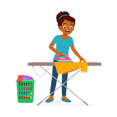 young woman ironing clean clothes and feel happy