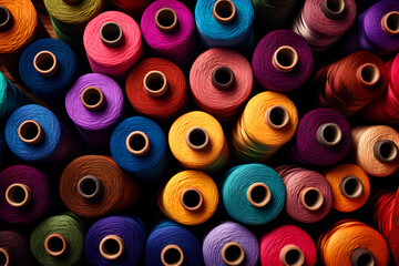 spools of colorful thread sitting on top of one another piled up and ready to be used - obrazy, fototapety, plakaty