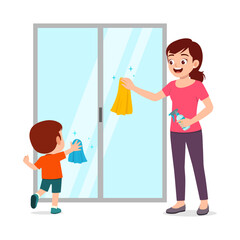 little kid help mother cleaning window