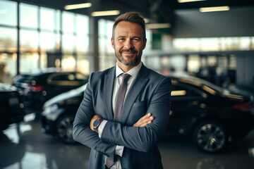Successful luxury automobile business concept. Smiling friendly car seller dressed in suit standing in car salon showroom showing around cars. Salesman with hands crossed look into camera - Powered by Adobe