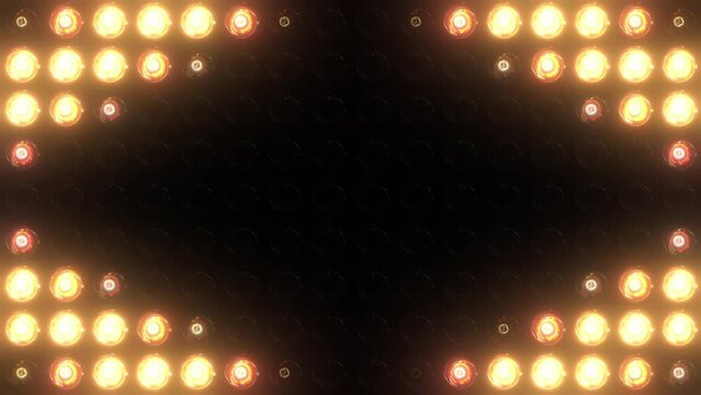 Colorful loop led back wall light bulbs. Glowing lamp background animation. Golden motion background for music video or stage event entertainment or concert. Copy space for text or logo