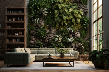 Fototapeta premium Lounge interior with comfortable sofa. Vertical garden - wall design of green plants. Architecture, decor, eco concept