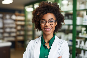 Health care concept. Smiling African American friendly female woman professional pharmacist with arms crossed in lab white coat standing in pharmacy shop or drugstore in front of shelf with medicines