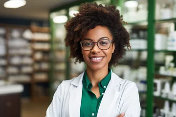 Papier Peint photo Pharmacie Health care concept. Smiling African American friendly female woman professional pharmacist with arms crossed in lab white coat standing in pharmacy shop or drugstore in front of shelf with medicines