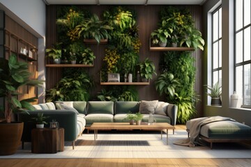 Fototapeta na wymiar Stylish living room interior with comfortable sofa, coffee table. Vertical garden - wall design of green plants. Architecture, decor, eco concept