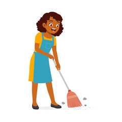 young woman sweep the floor using broom
