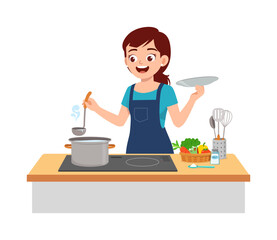 young woman cooking soup using big pot