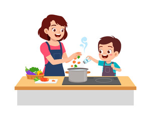 little kid helping mother cooking soup