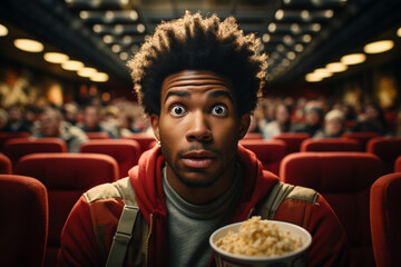 African American man scared shocked or impressed with eyes wide open. Enjoy watching horror movie or thriller in the cinema hall. Bright facial expression, human emotions concept