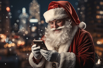 classic santa claus uses a cell phone, interacts with the screen - obrazy, fototapety, plakaty