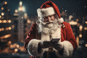 classic santa claus uses a cell phone, interacts with the screen