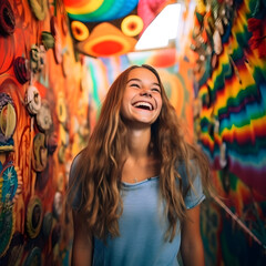 Happy young girl in a vibrant and colorful environment