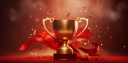 Golden trophy cup on blue or red isolated background , winners golden cup. Award - obrazy, fototapety, plakaty