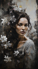 An oil painting of a beautiful woman with flowers in her hair