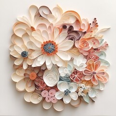 Japanese paper art quilling, rolled paper floral bouquet, muted bohemian colors on white background