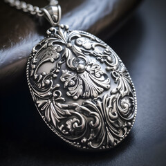 A silver locket sitting on top of a black surface