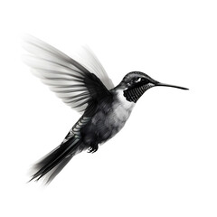 Fototapeta premium A black and white illustration of a hummingbird in flight on a white background