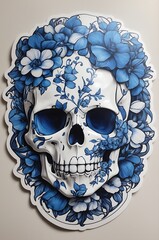 White Human skull with blue flowers around skull. designed like a sticker 