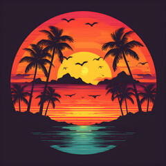 Fototapeta na wymiar A synthwave illustration of a sunset with palm trees and birds flying over