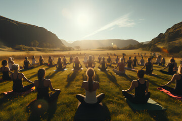Women doing yoga in a vast meadow - obrazy, fototapety, plakaty