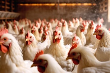 Organic chicken farm, chicken feeding indoor ,Generative AI. - obrazy, fototapety, plakaty