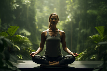 a woman wearing leggings and doing a yoga pose in the forest - obrazy, fototapety, plakaty