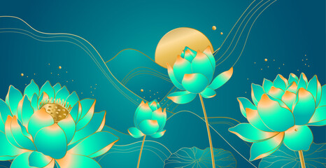 Obraz na płótnie Canvas Vector golden lotus flower and leaves on green background