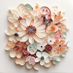 Japanese paper art quilling, rolled paper floral bouquet, muted bohemian colors on white background.