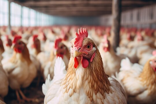 Organic chicken farm, chicken feeding indoor ,Generative AI.